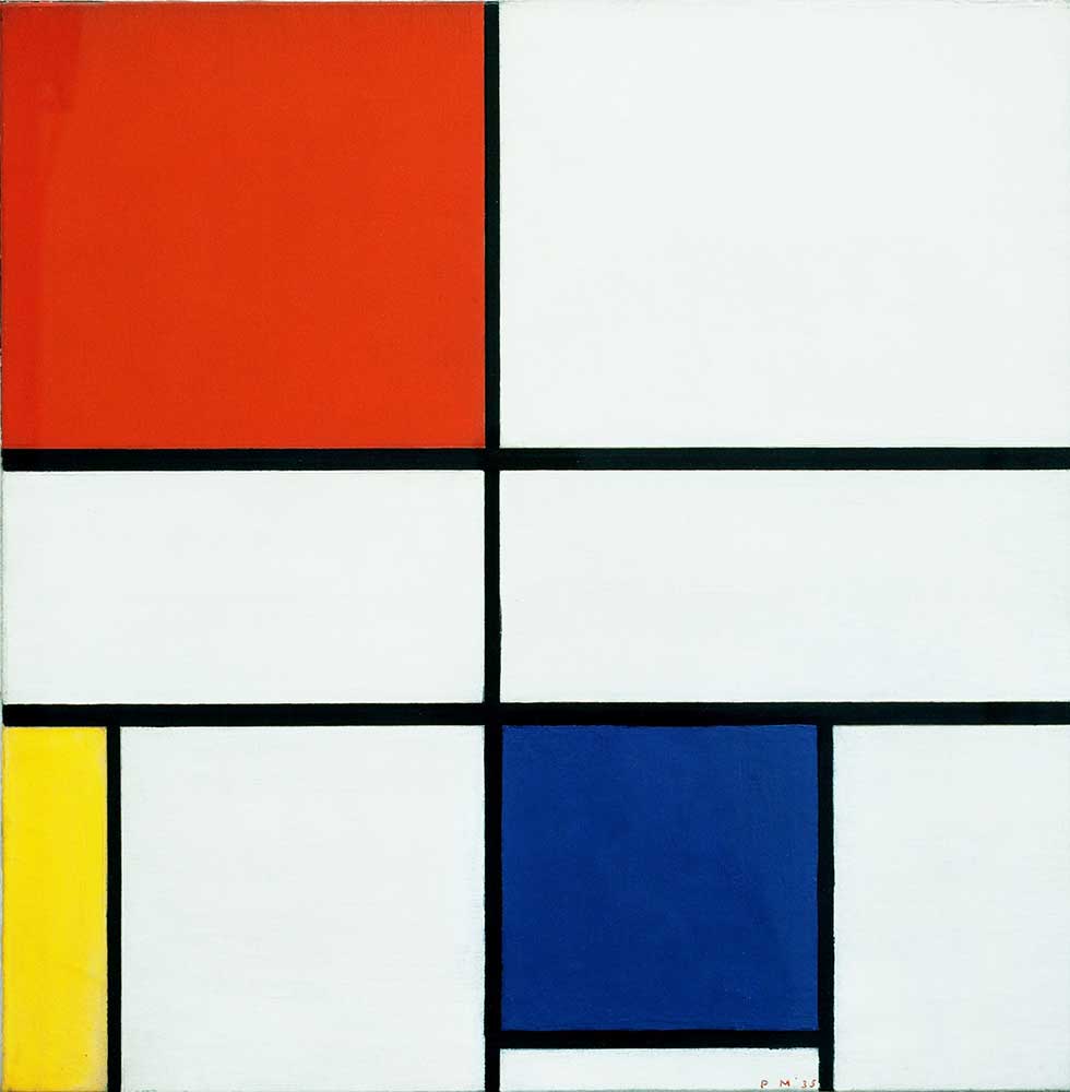 Piet Mondrian – Düz Çizgilerle Kurulan Ruhsal Evren piet mondrian kirmizi sari ve mavili kompozisyon resim