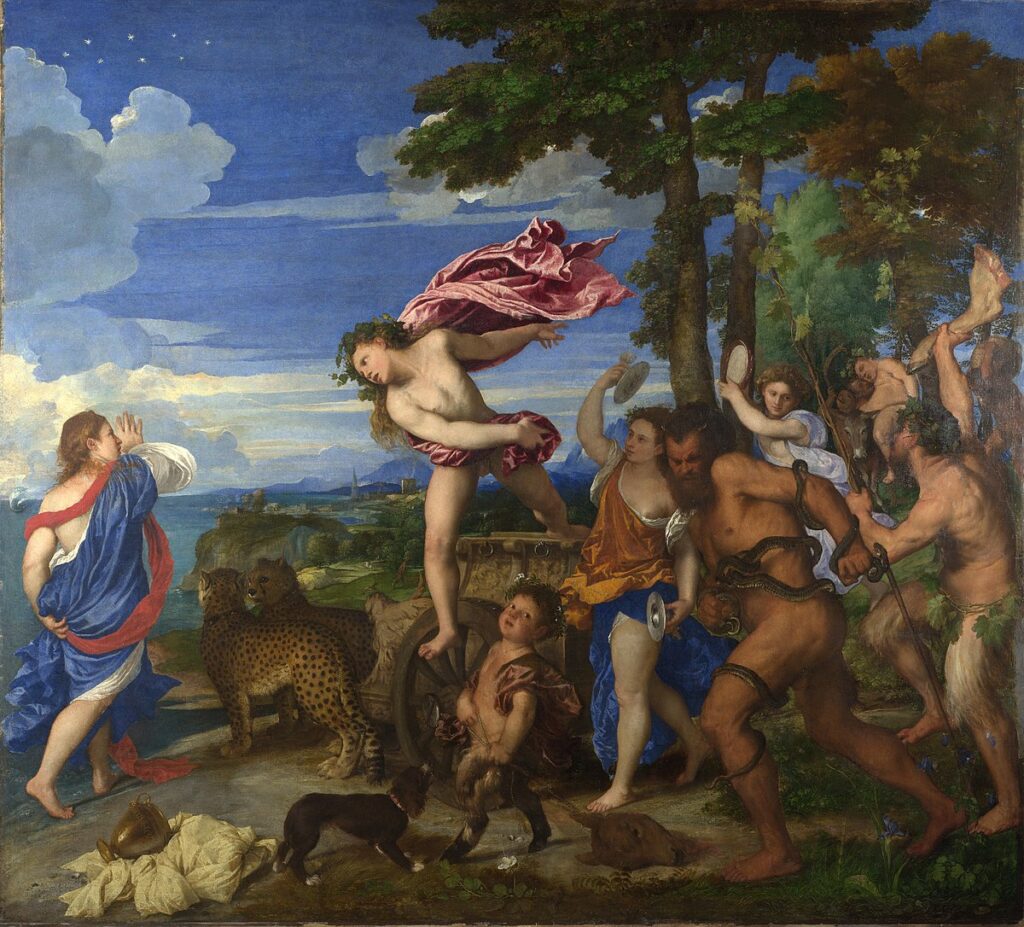 Bacchus and Ariadne — Titian (1520-1523)
Dionysos’un aşk, dönüşüm ve kimlik aşımı boyutlarını estetik dengede işleyen klasik kompozisyon.