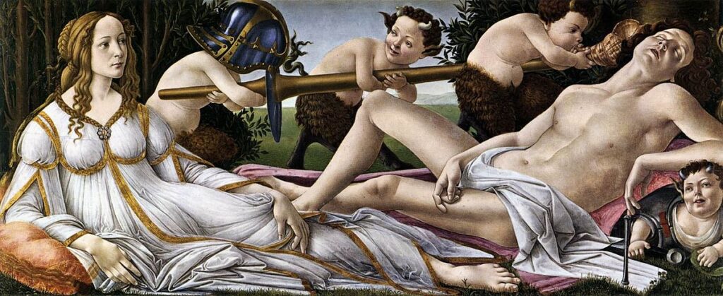 Mars and Venus – Sandro Botticelli (1483)
Ares ve Afrodit ilişkisini simgeleyen erotik ve şiddet arketipleri birleşimi.