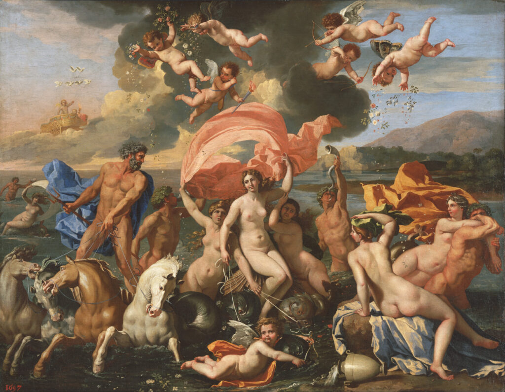 The Triumph of Neptune and Amphitrite – Nicolas Poussin (1634-1637)
Barok dönemde Poseidon (Roma karşılığı Neptün) ve eşi Amphitrite’nin zafer yürüyüşünü betimleyen dramatik tablo.