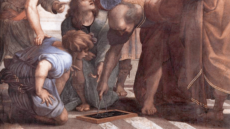 Kesinliğin Eğitimi: Geometriden Felsefeye Zihinsel Tutarlılığın İnşası Raphael – The School of Athens (1509–1511) Detay: Euclid (veya Archimedes) figürü eğilmiş, yere çizim yapıyor