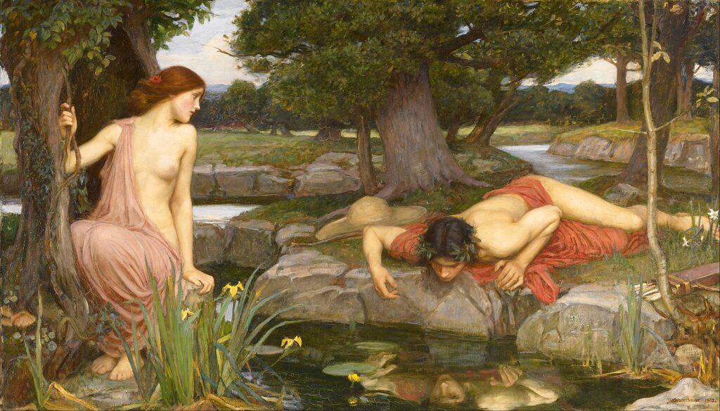 John William Waterhouse, Echo and Narcissus, 1903. Tuval üzerine yağlıboya. Mitolojik resim. Narkissos’un suya uzanmış figürü ile karşılıksız âşık olan peri Echo’nun bakışı, öz-sevgi ve kayboluş temasını pastoral bir melankoliyle buluşturur. Ölçüler: 109,2 × 189,2 cm. Walker Art Gallery, Liverpool.
Kaynak: Wikimedia Commons – Google Art Project
https://en.wikipedia.org/wiki/File:John_William_Waterhouse_-_Echo_and_Narcissus_-_Google_Art_Project.jpg