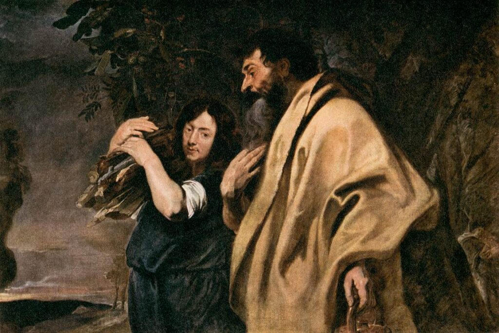 Anthony van Dyck (1599–1641) Abraham and Isaac on their way to the sacrifice in Moriah
(Moriah Dağı’na Kurban İçin Giden Yolda İbrahim ve İshak) Konu: Eski Ahit – Tekvin 22:6 (İbrahim’in oğlu İshak’ı kurban etmek üzere yola çıkışı) Tür: Dinsel resim / Kurban anlatısı  Tarih: 1619 Teknik: Tuval üzerine yağlı boya
Kaynak: Wikimedia Commons – Anthony van Dyck: Abraham and Isaac