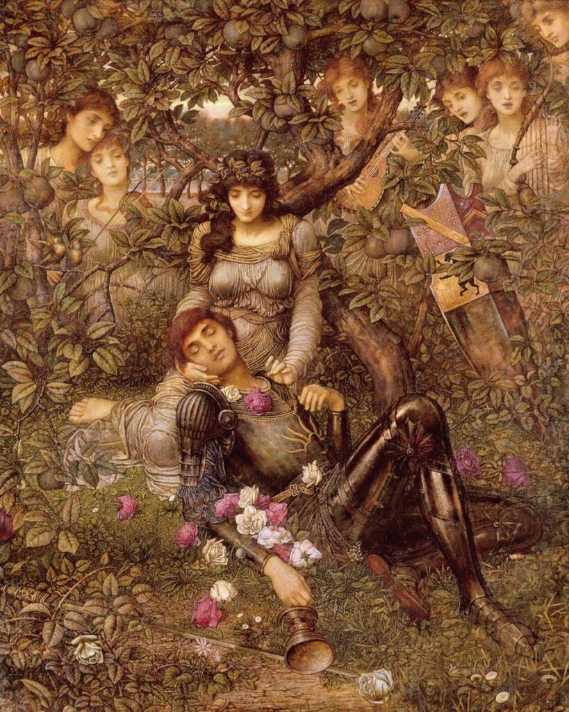 “John Melhuish Strudwick’in ‘Acrasia’ (1888) tablosu, Spenser’ın büyücü kadın alegorisini doğa içinde uyuyan bir şövalye ve çevresindeki gizemli kadın figürleriyle yeniden yorumlar. Pre-Raphaelite tarzda detaylı, bezemesel bir kompozisyon.”
Kaynak: https://commons.wikimedia.org/wiki/File:John_Melhuish_Strudwick,Acrasia(c_1888).jpg