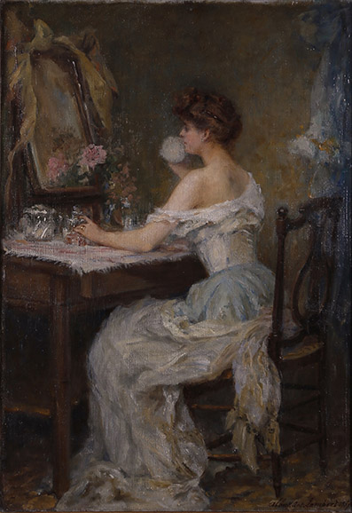 Albert Antoine Lambert (1854–1925), Jeune femme à sa toilette
Ayna karşısında sırtı dönük oturan kadın figürü, öz-bakım ritüelini ve toplumsal görünürlük hazırlığını temsil eder. Fransız burjuva estetiğinin zarafetle işlendiği bu sahne, kadının kendine bakışını görsel bir temsile dönüştürür.
Kaynak: https://commons.wikimedia.org/wiki/File:Jeune_Femme_%C3%
A0_sa_toilette_by_AA_Lambert.png