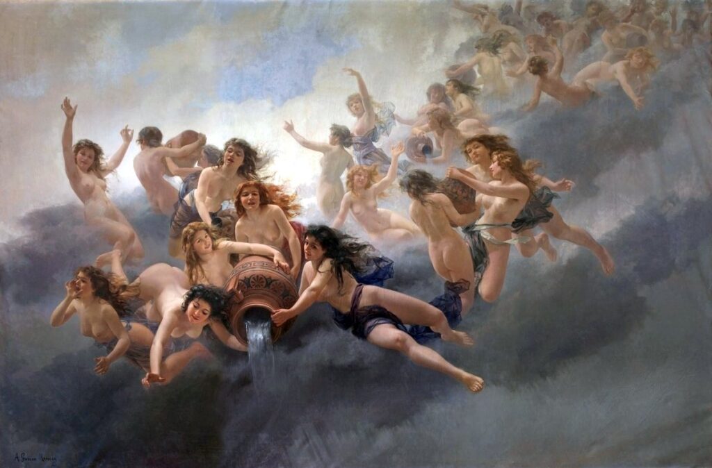 Antonio García Mencía (1849–1920), Summer Rain / Türkçesi: Yaz Yağmuru
Gökyüzünde süzülen onlarca çıplak kadın figürü, büyük bir testiden dökülen suyla birlikte yağmurun kendisine dönüşür. Mencía bu çarpıcı eserinde, doğayı kadın bedenleri aracılığıyla hem çoğaltır hem de hareketle şiirselleştirir. Yağmur burada yalnızca bir hava olayı değil; bir görsel ritüel, bedensel bir taşkınlıktır.