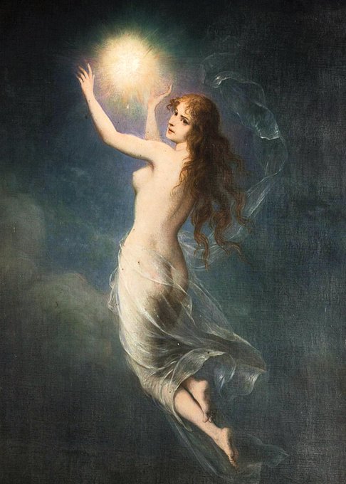 Carl Schweninger the Younger (1854–1912), Morning Star / Sabah Yıldızı
Yukarı doğru süzülen, tül örtüsüyle ışığın içinde çözünmüş kadın figürü, sabah yıldızını tutar. Schweninger bu tabloda, kadını yalnızca beden değil, ışık, zaman ve doğayla birleşmiş alegorik bir varlık olarak sunar. Çıplaklık burada erotik değil; zamansal bir geçişin görsel şiiridir.
Kaynak: https://commons.wikimedia.org/wiki/File:Karl_Schweninger_(attr)_Morgenstern.jpg