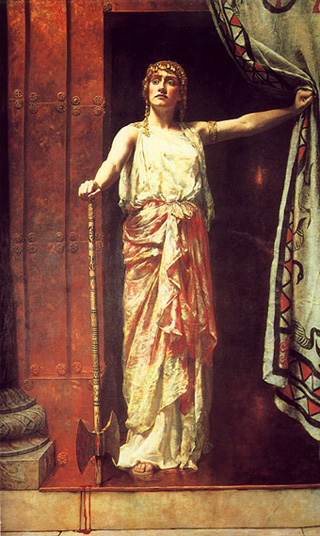 Eser Adı: Clytemnestra Sanatçı: John Collier (1850–1934)
Tarih: 1882 Teknik: Tuval üzerine yağlı boya
Boyutlar: 239 × 174 cm
Koleksiyon: Guildhall Art Gallery, Londra
Tür: Mitolojik tablo
Klytaimnestra, Agamemnon’u öldürdükten sonra saray kapısında kanlı bir baltayla ayakta durmaktadır. Bakışları kararlı, duruşu serttir. Elbisesi kana bulanmıştır. Arka planda açık kapıdan içeriye, tragedyanın kırılma anı sızar.
Kaynak: https://commons.wikimedia.org/wiki/File:Clytemnestra1.jpg