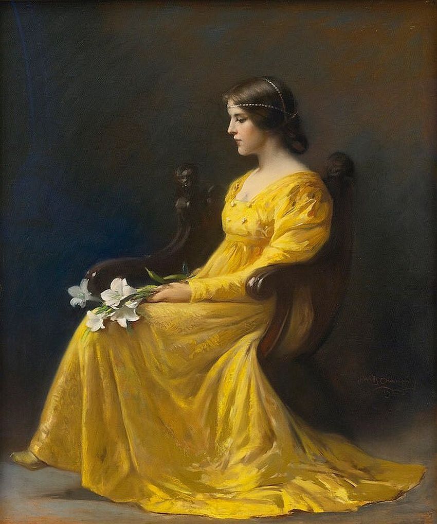 “Kadın İmgesi Üzerine Üç Tablo: Champney, Lambert ve Toulmouche” James Wells Champney 1843 1903 Woman seated holding lilies 1902