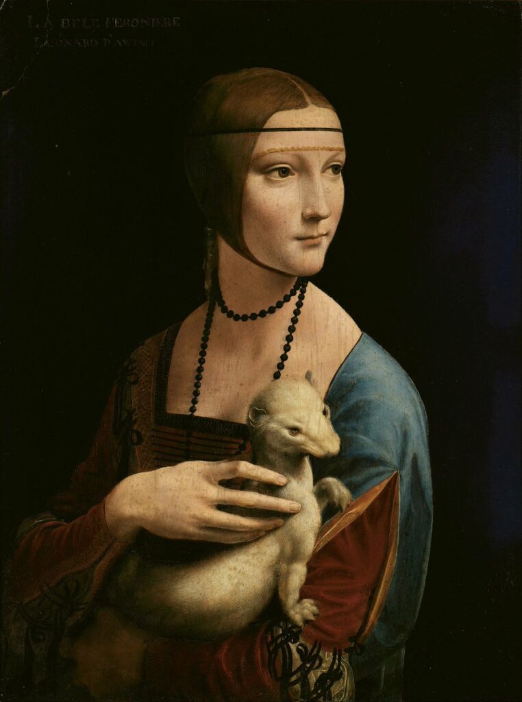 Eser: Lady with an Ermine (Gelincikli Kadın) / Sanatçı: Leonardo da Vinci (1452–1519) / Tarih: 1489–1490
Teknik: Yağlı boya, ahşap panel üzerine / Boyut: 54 cm × 39 cm / Model: Cecilia Gallerani
Koleksiyon: Czartoryski Müzesi, Krakow, Polonya /
Kaynak: Public Domain – Wikimedia Commons
Not: Leonardo'nun dört tamamlanmış kadın portresinden biridir. Diğerleri: Ginevra de’ Benci, La Belle Ferronnière ve Mona Lisa.