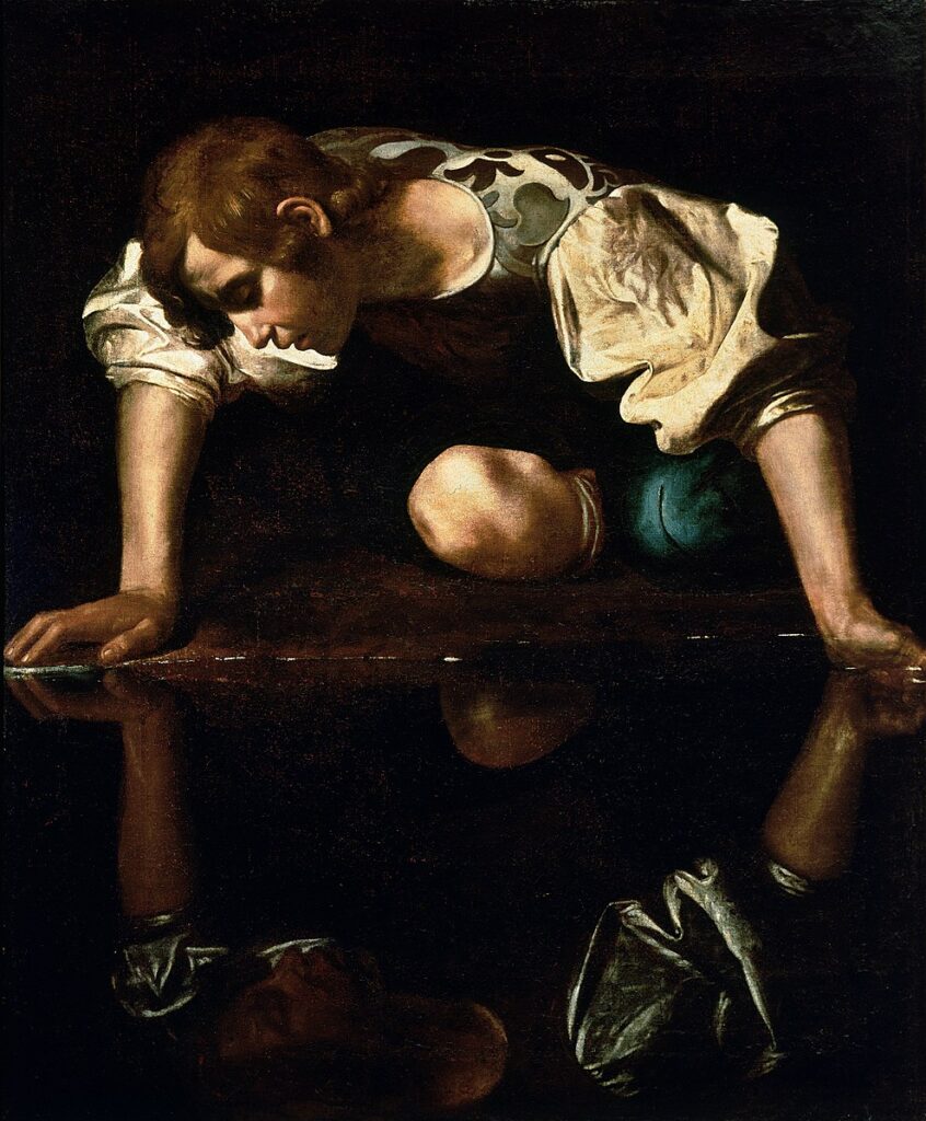 Michelangelo Merisi da Caravaggio, Narcissus, c. 1600. Tuval üzerine yağlıboya, chiaroscuro tekniği. Mitolojik resim. Narkissos’un suya eğilmiş figürü, kendi yansımasına duyduğu aşkla birlikte varoluşsal yalnızlığa kapanışını temsil eder. Galleria Nazionale d'Arte Antica, Roma.
Kaynak: Wikimedia Commons
https://commons.wikimedia.org/wiki/File:Narcissus-Caravaggio_(1594-96)_edited.jpg