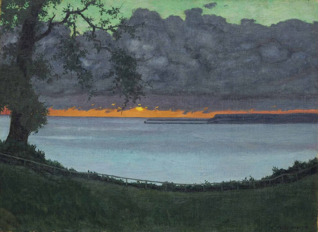 Félix Vallotton – Grâce’de Gün Batımı, Turuncu ve Yeşil Gökyüzü (1918)
Teknik: Tuval üzerine yağlı boya
Ağaçların arasında çerçevelenmiş deniz ve gökyüzü, turuncu-mor renklerle yanarken, alt bölümde ışığın suya bıraktığı iz belirir. İzleyici, resmin içine çağrılmaz, orada konumlandırılır. Figür yoktur; ama bakan figür, bizizdir.
Kaynak: https://www.wikiart.org/en/felix-vallotton