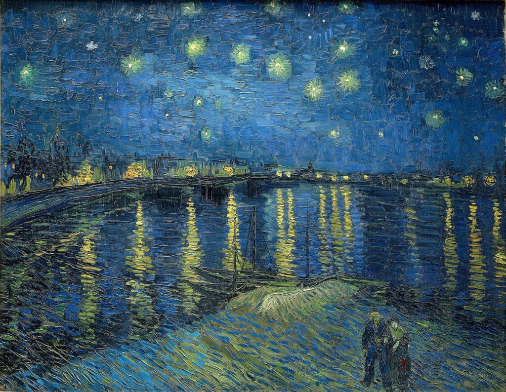 Eser Adı: Starry Night Over the Rhône   /  Rhône Üzerinde Yıldızlı Gece
Sanatçı: Vincent van Gogh Tarih: 1888
Teknik: Tuval üzerine yağlı boya Koleksiyon: Musée d'Orsay, Paris
Van Gogh’un 1888 tarihli Rhône Üzerinde Yıldızlı Gece adlı tablosu; ışıkla yıkanan nehir, gökyüzü ve iki figür arasında kurulmuş görsel bir yalnızlık kompozisyonu.
Kaynak: https://en.wikipedia.org/wiki/File:Vincent_van_Gogh_-Starry_Night-_Google_Art_Project.jpg