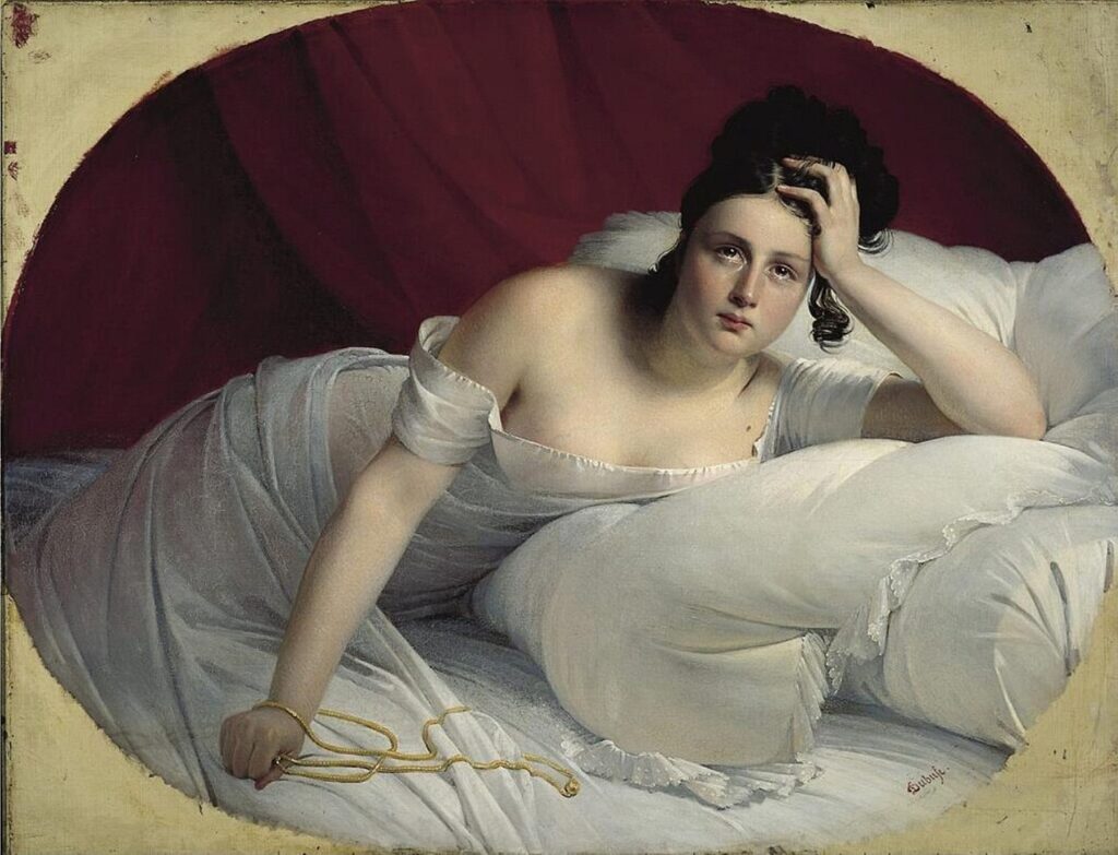 Bir aşkın ardından gelen sessizlikte, genç kadın geçmişin yükünü sessizce taşır.
Bakışı, hem pişmanlığın derinliğini hem de duyguların içsel yankısını yansıtır.
Kaynak: https://commons.wikimedia.org/wiki/File:Les_Regrets_(1827)par_Claude-Marie_Dubufe(A).jpg