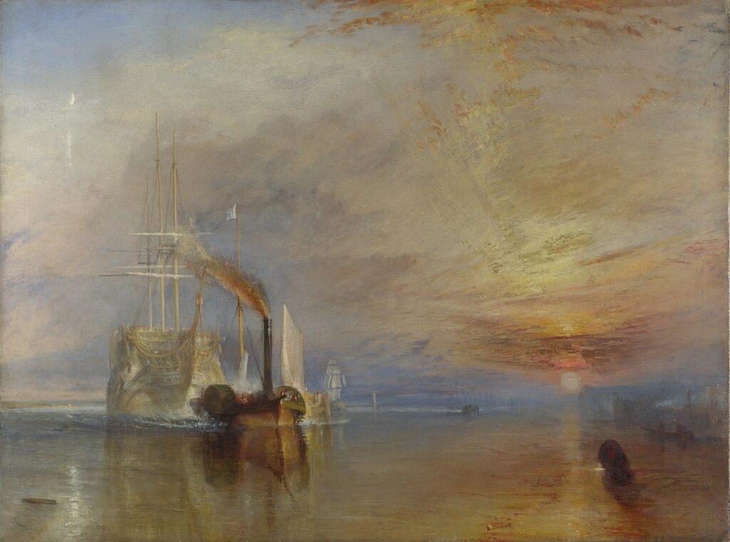 J. M. W. Turner’ın The Fighting Temeraire (Savaş Gemisi Temeraire, 1839) tablosu, İngiltere’nin denizcilik gururunu endüstri devriminin gölgesinde uğurlayan, Romantik bir veda sahnesidir.
Kaynak: https://en.wikipedia.org/wiki/