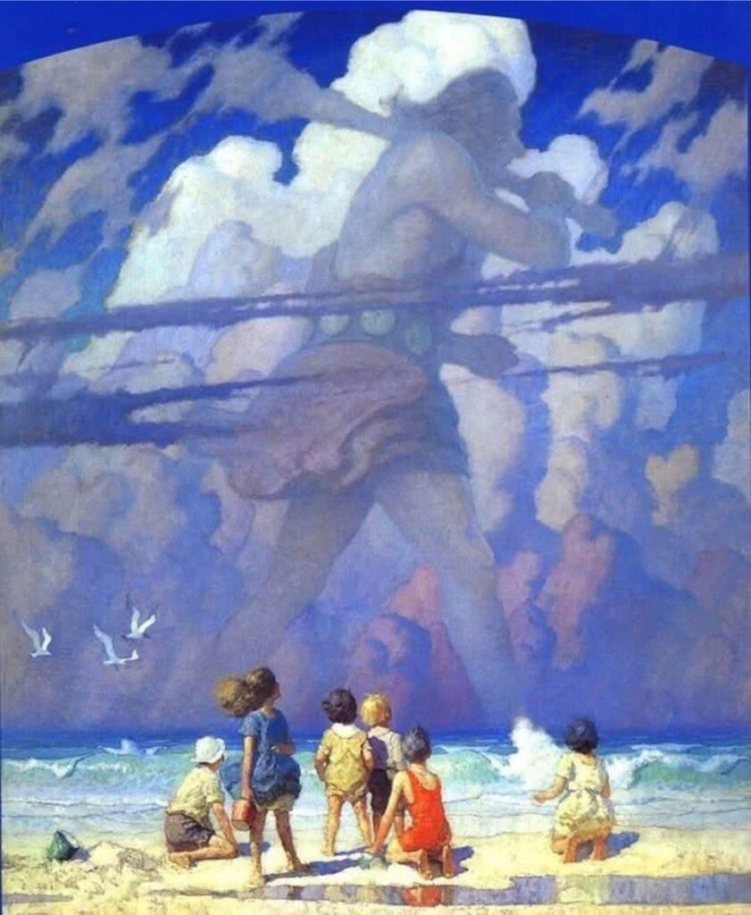 N.C. Wyeth – The Giant (1923).
Çocukların gözünde beliren dev figür, yalnızca bir masal kahramanı değil; kolektif hayal gücünün gökyüzüne çizilmiş bir yankısıdır.
[Kaynak: https://www.westtown.edu/about/history/archives/the-giant/