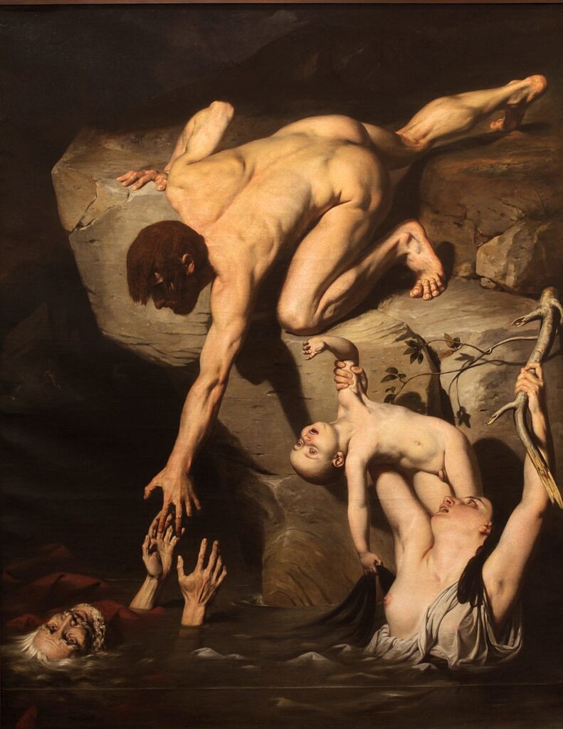 Joseph-Désiré Court’un “Tufan Sahnesi”, bir adamın babası ile eşi ve çocuğu arasında ölüm kalım anında verdiği seçimi dramatik bir yoğunlukla resmeder. Geçmiş ile gelecek arasındaki bu gerilim, eserin felsefi çekirdeğini oluşturur.
Kaynak: https://commons.wikimedia.org/wiki/File:Scene_of_deluge-Joseph_Desire_Court-MBA_Lyon_A23-IMG_0453.jpg