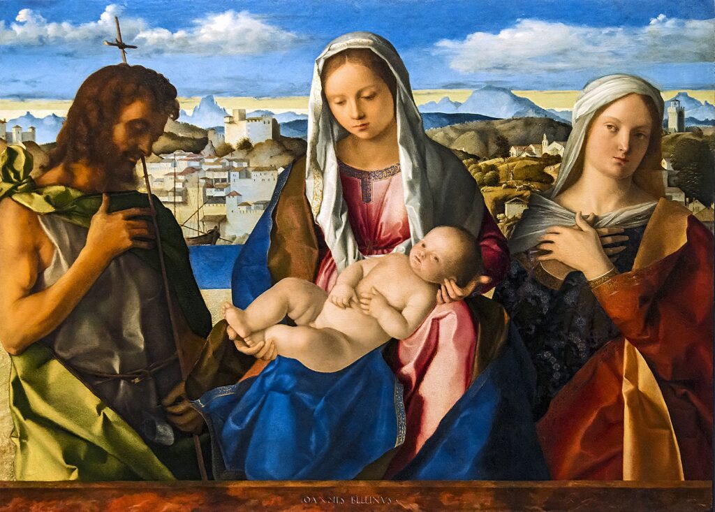 Accademia - Madonna col Bambino tra san Giovanni Battista e una santa Cat.881
Kaynak: https://commons.wikimedia.org
Giovanni Bellini’nin 1500–1504 tarihli Meryem ve Çocuk İsa, Vaftizci Yahya ve Bir Aziz ile tablosu, dini ikonografiyi insani duyarlılıkla birleştiren Venedik Rönesansı’nın başyapıtlarındandır.