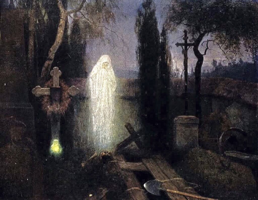 Josef Mandl – Apparition at a Grave (Bir Mezar Başında Beliren Ruh, 1916)
Josef Mandl’ın bu 1916 tarihli resmi, ölümden sonraki varoluşun sessiz ve sezgisel bir anlatımıdır. Parlayan ruh, sadece gözle değil; ruhla görülebilecek bir figür olarak belirir