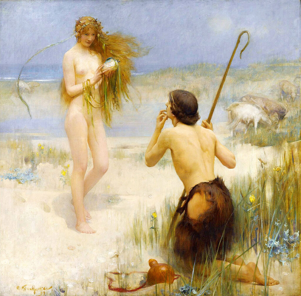 Arthur Hacker’ın The Sea Maiden (Deniz Kızı) tablosu, çoban ile deniz perisinin karşılaşmasını akademik realizm ve romantik mitoloji atmosferiyle birleştirerek masumiyet, cazibe ve tehlikenin alegorisine dönüştürür.
Kaynak: https://commons.wikimedia.org/wiki/File:Arthur_Hacker_-_The_Sea-Maid.jpg