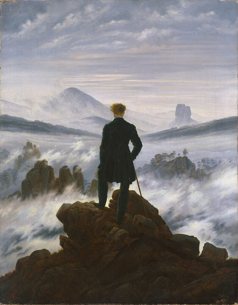 Caspar David Friedrich’in Wanderer above the Sea of Fog (Sis Denizinin Üzerindeki Gezgin, 1818) tablosu, Romantizmin birey–doğa ilişkisini sisli manzaralar üzerinden felsefi bir derinlikle işler.
Kaynak: https://commons.wikimedia.org/