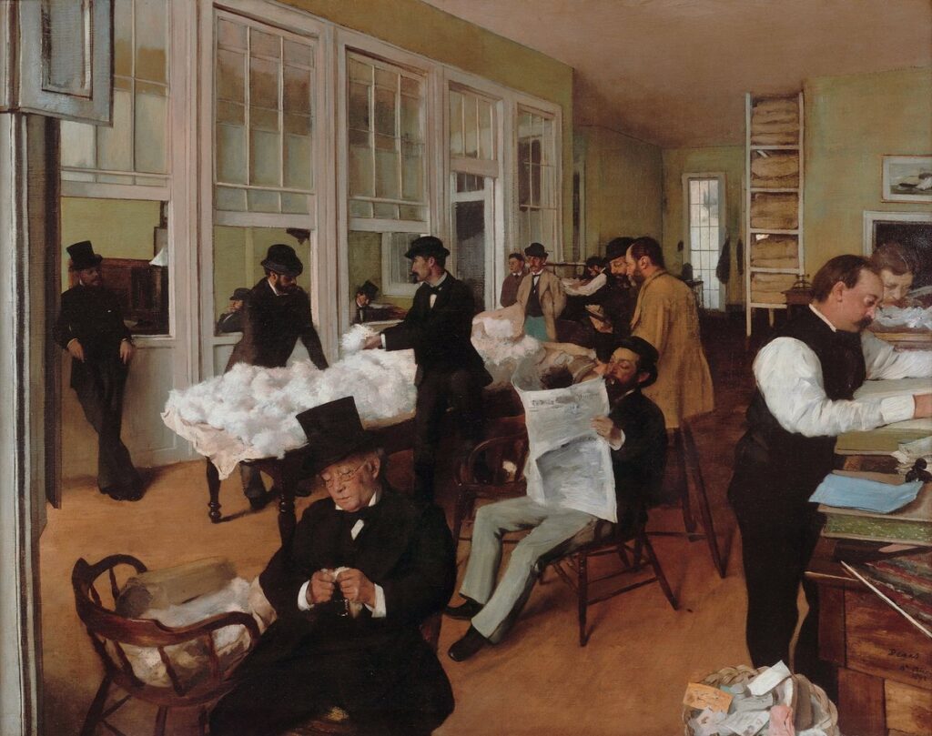 Edgar Degas’ın Yeni Orléans’ta Pamuk Bürosu tablosu, kapitalizmin yükselişini ve modern ofis yaşamını realist bir gözle yansıtarak sanat tarihinin iş dünyasına dair en erken temsillerinden biri olmuştur.
Kaynak: https://commons.wikimedia.org/wiki/File:Cottonexchange1873-Degas.jpg
