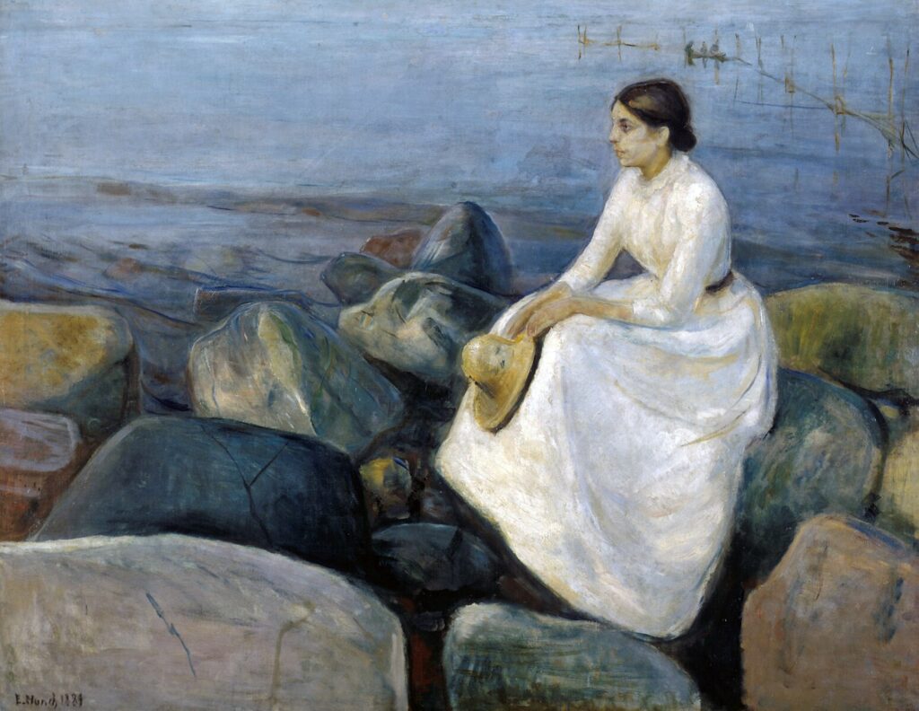Foto:25.04.1994 Kaynak: https://commons.wikimedia.org/wiki/File:Edvard_Munch_-Summer_night,_Inger_on_the_beach(1889).jpg
Edvard Munch’un “Sahilde Inger” adlı bu erken dönem tablosu, kadın figürünü doğayla baş başa, düşünsel bir yalnızlık içinde resmeder. Sade kompozisyonu derin bir iç sessizlik taşır.