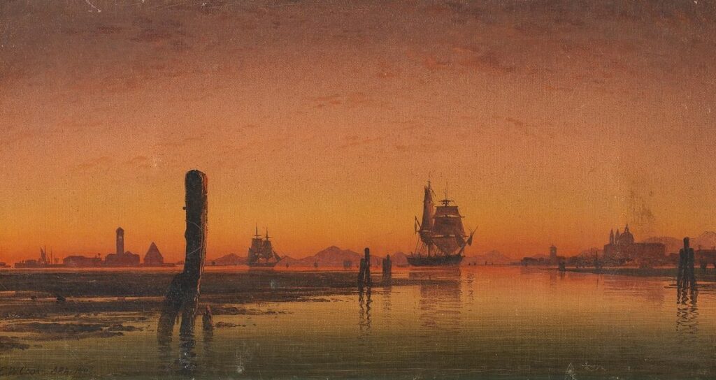 Edward William Cooke – Venice from the Lagoon (Lagünden Venedik), 1862.
Yelkenli gemiler, su yüzeyinde duran gölgeler ve siluet hâlindeki şehir… Bu manzara, yalnızca mekân değil; bir ruh hâlidir.
[Kaynak: Wikimedia Commons]