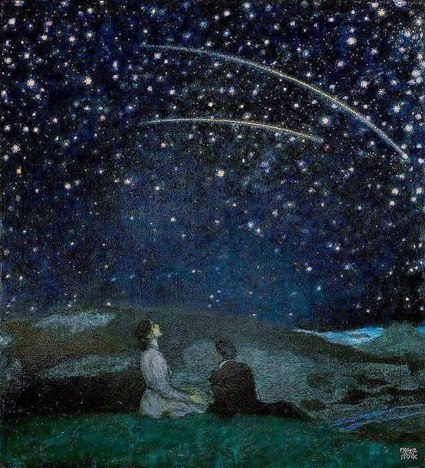 Franz von Stuck, / Shooting Stars, tarih belirtilmemiş.
Gece göğü altında oturan iki figür, kayan yıldızlara bakarken sessizliği ve zamanın geçişini birlikte deneyimler. Stuck’un bu çalışması, sembolist estetik içinde kozmik bakışı ve figüratif yalnızlığı bir araya getirir.
Kaynak: https://commons.wikimedia.org/wiki/File:Sternschnuppen.jpg