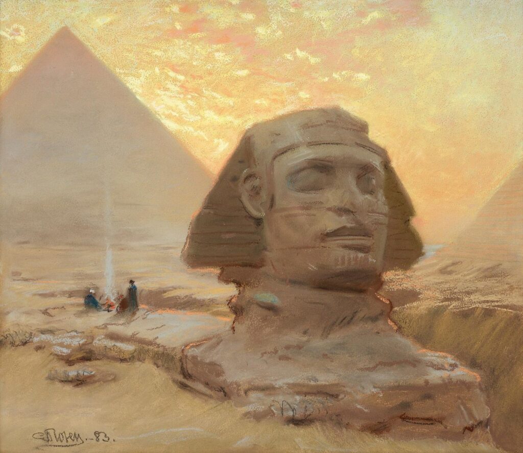 Georg von Rosen – The Great Sphinx of Giza, 1883.
Sfenks’in ve piramitlerin gölgesinde duran bu resim, zamanın sessizliğini, doğunun gizemini ve uygarlığın taşlaşmış belleğini izleyiciye sunar.
[Kaynak: Wikimedia Commons]