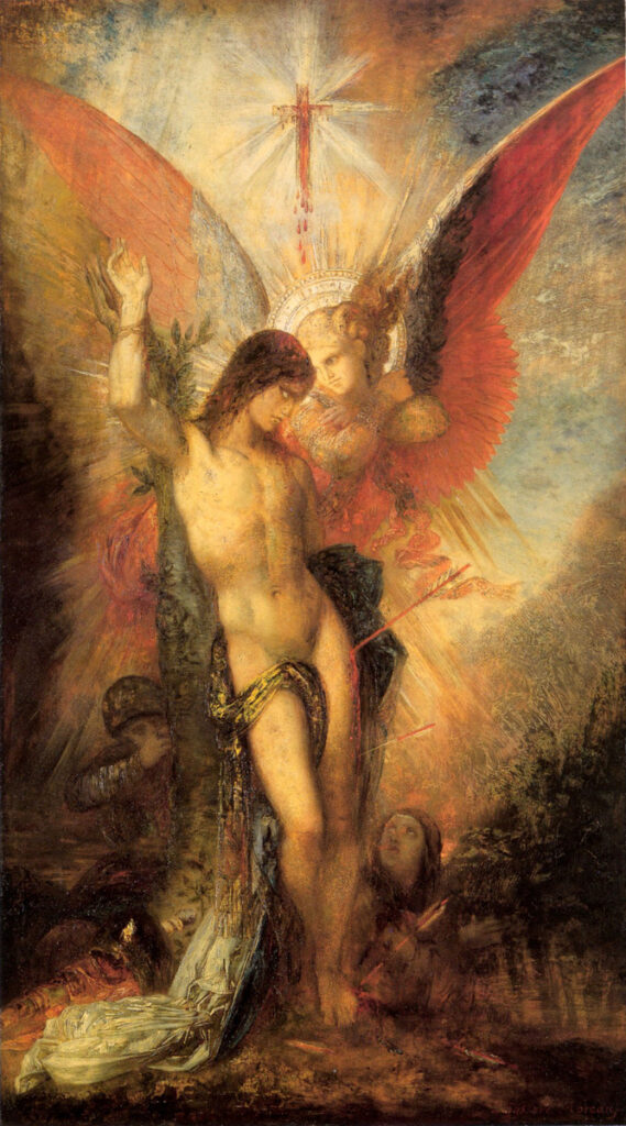 Gustave Moreau,
St. Sebastian and the Angel (Aziz Sebastianos ve Melek)
Sembolizmin güçlü bir örneği olan bu eserde, şehit beden yalnızca acının değil; ışığın, ruhun ve ilahi temasın taşıyıcısıdır. Melek ve Sebastianos arasındaki temassız temas, kutsallıkla beden arasındaki estetik geçişi sahneler.
Kaynak: https://commons.wikimedia.org/wiki/File:Gustave_Moreau_-_Saint-S%C3%A9bastien_et_l%27ange.jpg