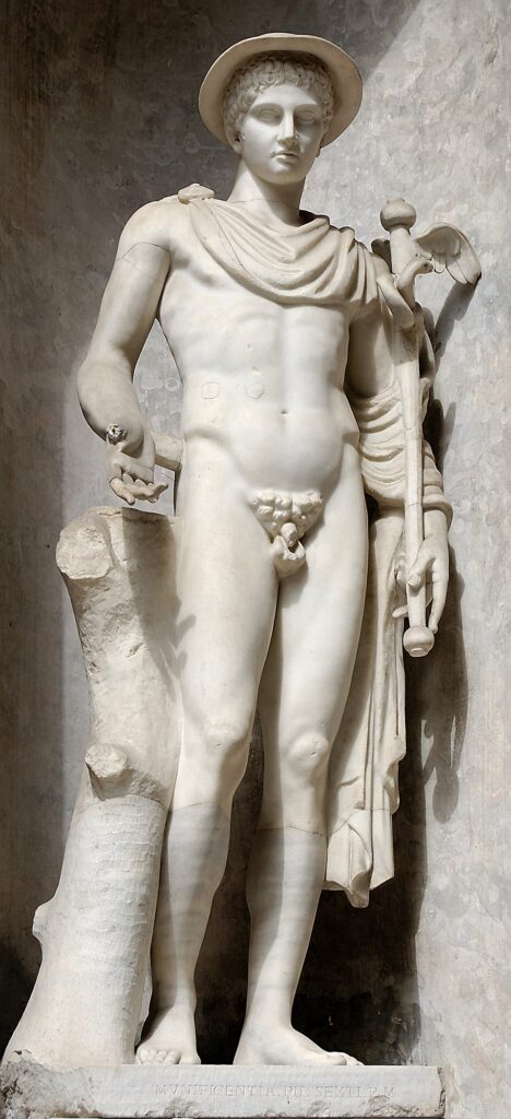 Sol elinde kanatlı bir asa taşıyan ve "Hermes Ingenui" olarak da bilinen Yunan tanrısı Hermes'in heykeli. MÖ 5. yüzyıla ait bir Yunan orijinalinden esinlenerek Roma kopyası.
Kaynak: https://commons.wikimedia.org/