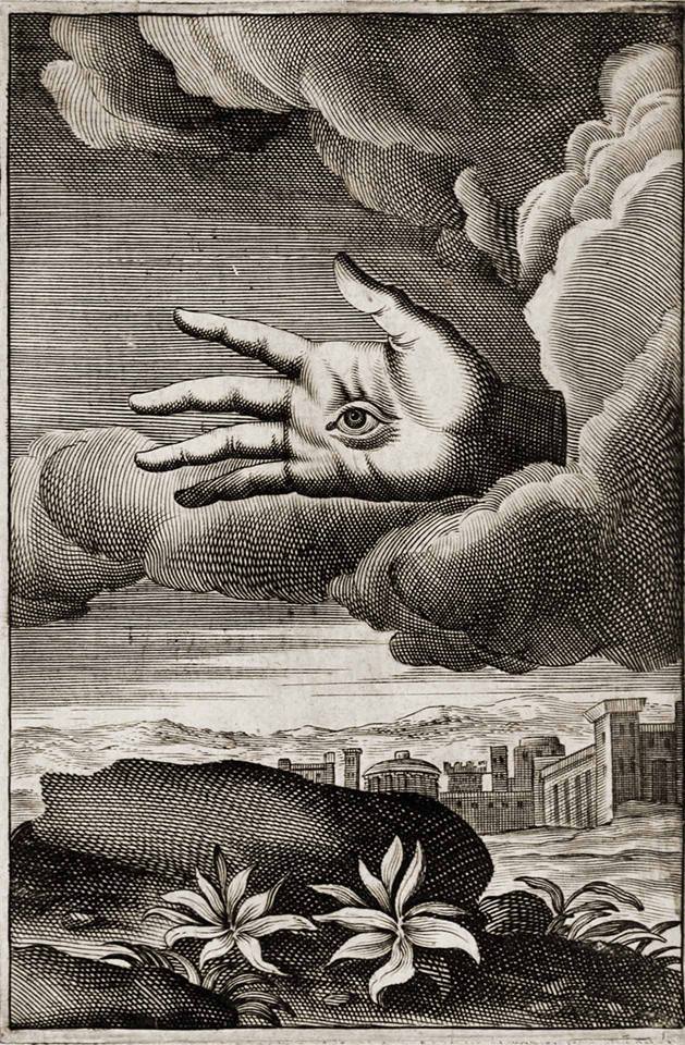 Jean Baudoin – Hand of Fate (Kaderin Eli, 1638)
Jean Baudoin’in bu alegorik gravürü, Tanrı’nın her şeyi gören ama açıklamayan iradesini, sembolik bir el ve göz figürüyle sunar. Yukarıdan aşağıya inen bu mutlaklık, insanın boşluğu içinde yankılanır.
Kaynak: https://en.wikipedia.org/