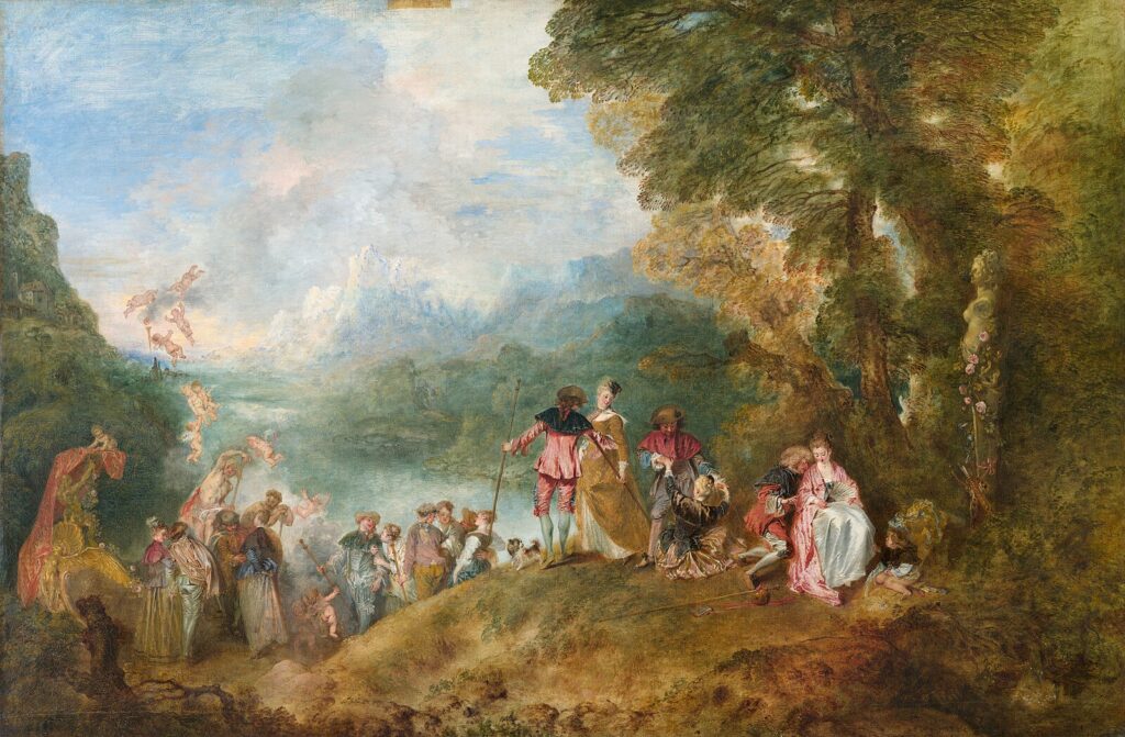 Jean-Antoine Watteau’nun The Embarkation for Cythera (Kithira’ya Yolculuk, 1717) tablosu, Rokoko’nun zarif aşk temalarını mitolojik Kithira adası efsanesi ile pastoral bir manzara içinde birleştirir.
Kaynak: https://commons.wikimedia.org