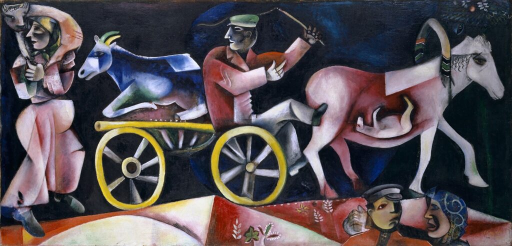 Marc Chagall’ın Le Marchand de bestiaux tablosu, kırsal yaşamdan alınmış bir sahneyi modernist biçim parçalanmalarıyla şiirsel bir alegoriye dönüştürür. Atın karnındaki figür, yaşam ve yeniden doğuşun çarpıcı sembolüdür.
97.1 x 202.5 cm | |; Öl auf Leinwand; Inv. 2213
Kaynak: https://en.wikipedia.org/wiki