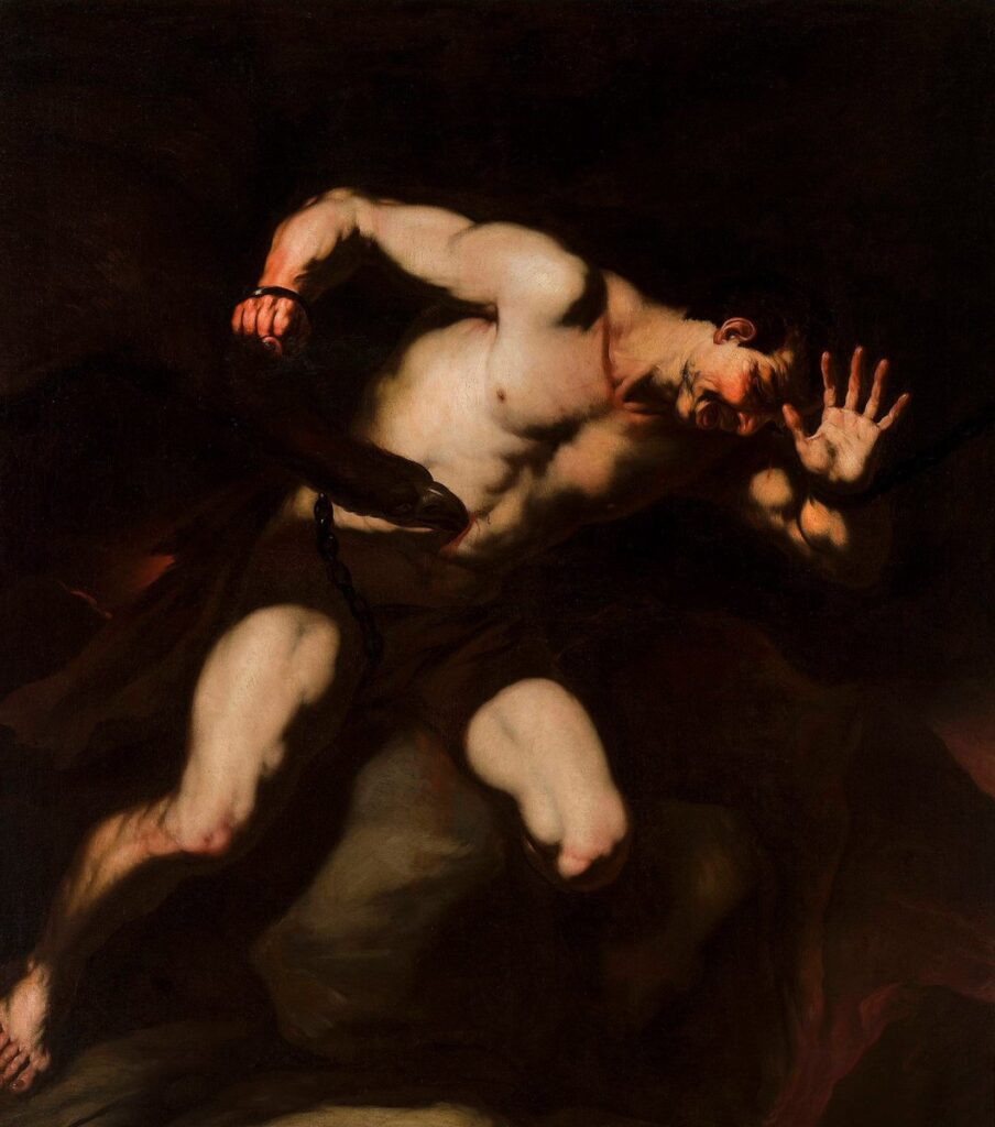 Luca Giordano’nun Prometheus adlı tablosu, tanrılardan çalınan hakikatin bedelini ödeyen figürün cezasını gösterir. Prometheus’un zincirli bedeni, yalnızca acının değil; hakikatin ateşle sınandığı yerin de simgesidir.
Eser: Prometheus Sanatçı: Luca Giordano, 1662
Koleksiyon: Bilinmiyor Kaynak: Wikipedia Lisans: Public Domain