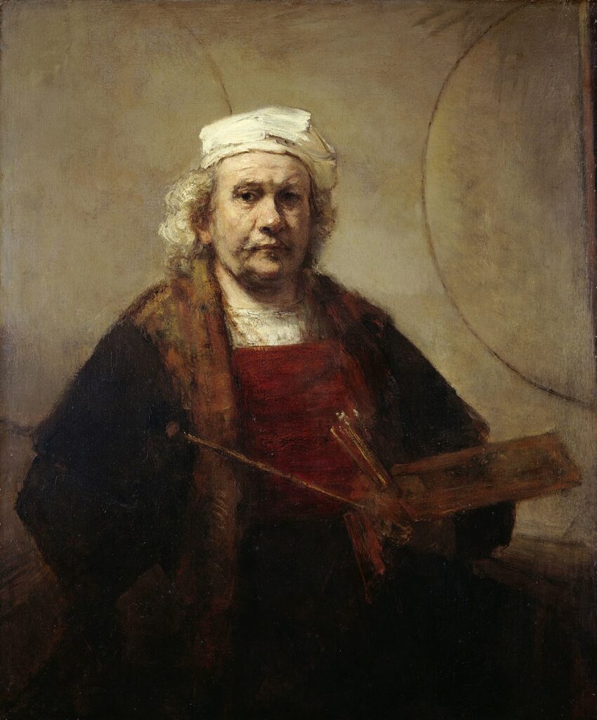 Rembrandt’ın Self-Portrait with Two Circles (İki Daireli Otoportre, 1665–1669) eseri, sanatçının geç döneminde ustalık iddiasını, mesleki kimliğini ve sade ama güçlü bir sembolik dili yansıtır.
KENWOOD HOUSE, THE IVEAGH BEQUEST, London. " Self-Portrait " c1665 by REMBRANDT Van Rijn (1606-1669).
Kaynak: https://commons.wikimedia.org/wiki/File:Rembrandt_Self-portrait_(Kenwood).jpg