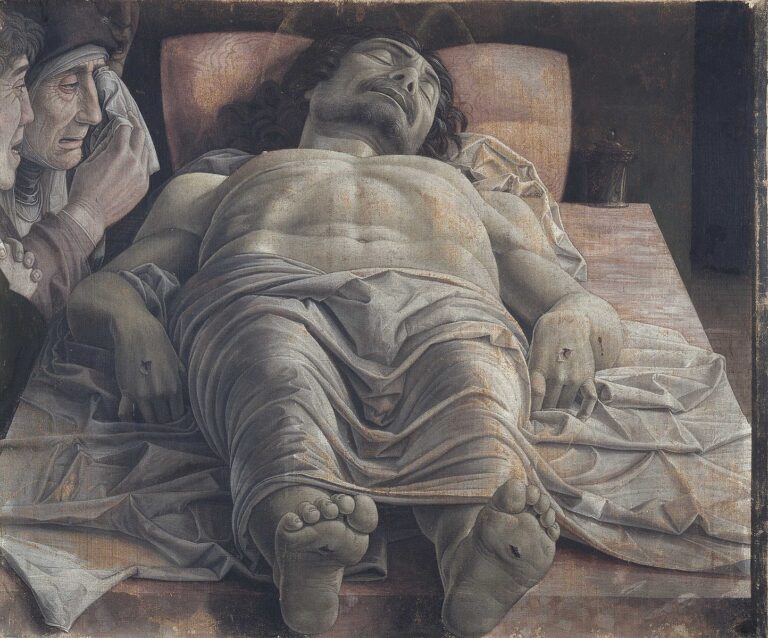 The Lamentation over the Dead Christ (Ölü İsa’ya Ağıt) – Andrea Mantegna (yak. 1480) The dead Christ and three mourners by Andrea Mantegna