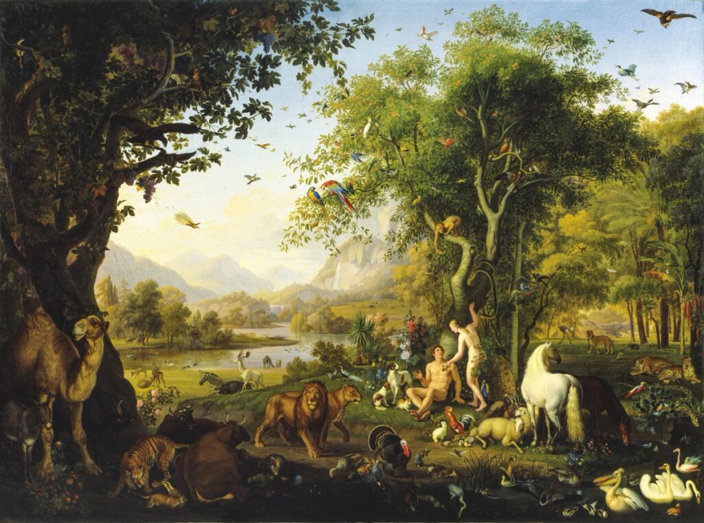 Johann Wenzel Peter’in bu olağanüstü eseri, insanlık tarihinin günahsız başlangıcını, doğa ile mutlak uyum içinde, ayrıntı zenginliği ve huzur duygusuyla görselleştirir.
Kaynak: https://commons.wikimedia.org/wiki/
