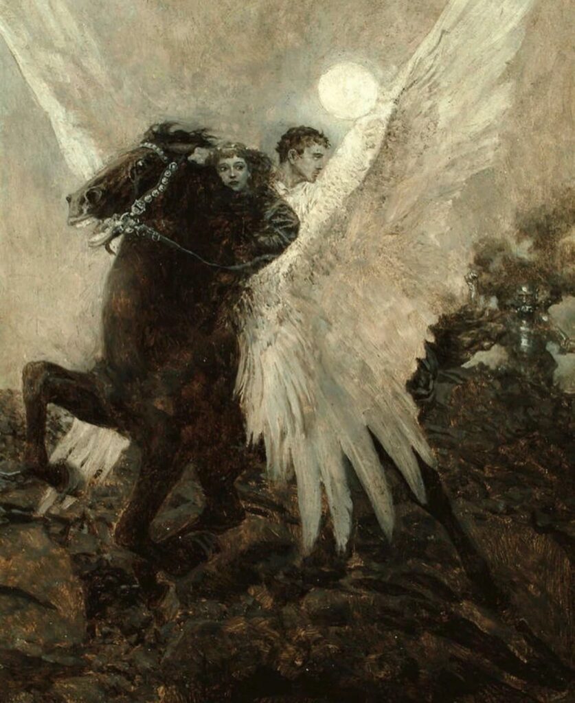 Howard Pyle’ın bu illüstrasyonu, mitolojik sembollerle dolu bir ay ışığı yolculuğunu betimliyor. Siyah kanatlı at ve kahraman biniciler, özgürlüğün ve düşsel keşfin görsel metaforuna dönüşüyor.
Kaynak: https://emuseum.delart.org/objects/9436/fast-flew-the-black-winged-horse?ctx=a5080def72f50e5648213fd15ab57d75f77a137e&idx=2