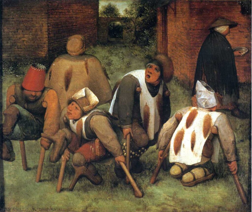 Pieter Bruegel the Elder’ın The Beggars (Dilenciler) eseri, 16. yüzyıl Flaman toplumunda yoksulluk, dışlanma ve dayanışma temalarını keskin gözlemler ve alegorik detaylarla birleştirir.
Kaynak: https://commons.wikimedia.org/wiki/File:Les_Mendiants_-Pieter_Brueghel_l%27Ancien-_Mus%C3%A9e_du_Louvre_Peintures_RF_730.jpg