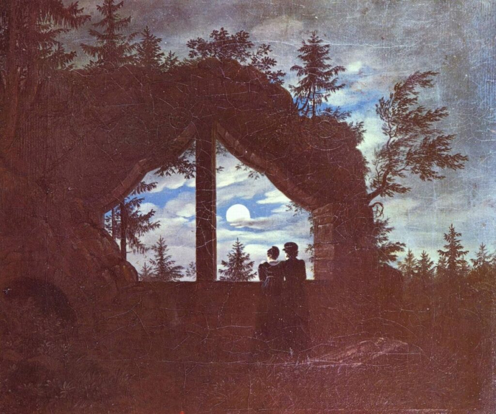 Carl Gustav Carus’un Ay Işığında Oybin’deki Pencere tablosu (1828), yıkık bir kemer ardında dolunayı izleyen iki figür aracılığıyla Romantik dönemin doğa ve melankoli anlayışını yansıtır.
Kaynak:  Kaynak: https://commons.wikimedia.org