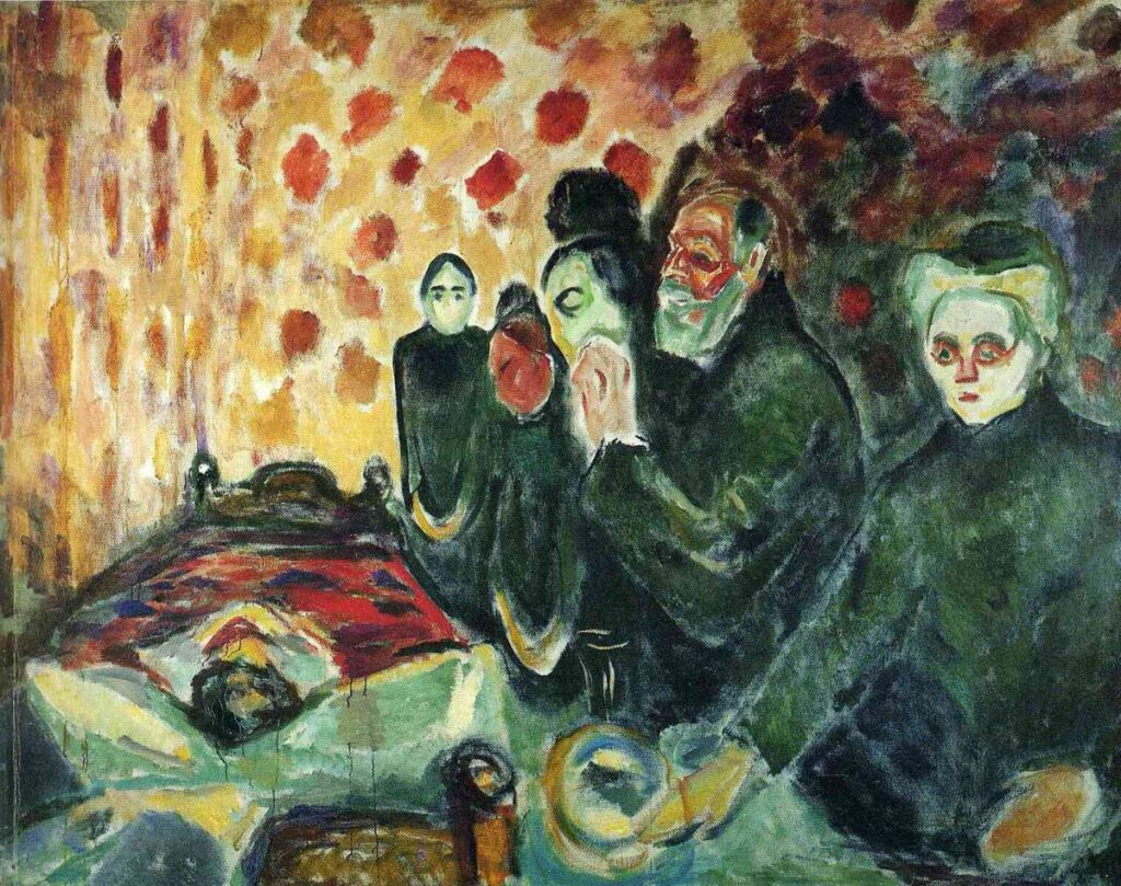 Edvard Munch,
By the Deathbed (Fever) I, 1915
Ölümün çevresinde donmuş figürler, Munch’un ifadesizliğin içsel şiddetini nasıl temsil ettiğini gösterir. Bu tablo, yalnızca bir ölüm sahnesi değil; duygunun çözüldüğü, figürün sessizliğe gömüldüğü bir iç mekân trajedisidir.
Kaynak:
https://www.wikiart.org/en/edvard-munch/by-the-deathbed-fever-i-1915