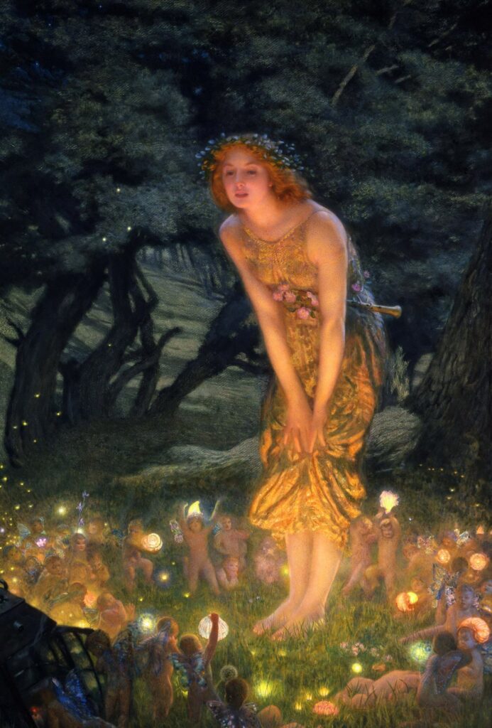 Edward Robert Hughes’un Midsummer Eve adlı tablosu, peri folklorunun içinden geçmiş bir yaz gecesinde, görünmeyenle karşılaşma anını resmeder. Işık, doğa ve sessizlik bir ritüel gibi işlenmiştir.
Eser: Midsummer Eve Sanatçı: Edward Robert Hughes, 1908
Koleksiyon: Birmingham Museum and Art Gallery Kaynak: Wikipedia
Lisans: Public Domain