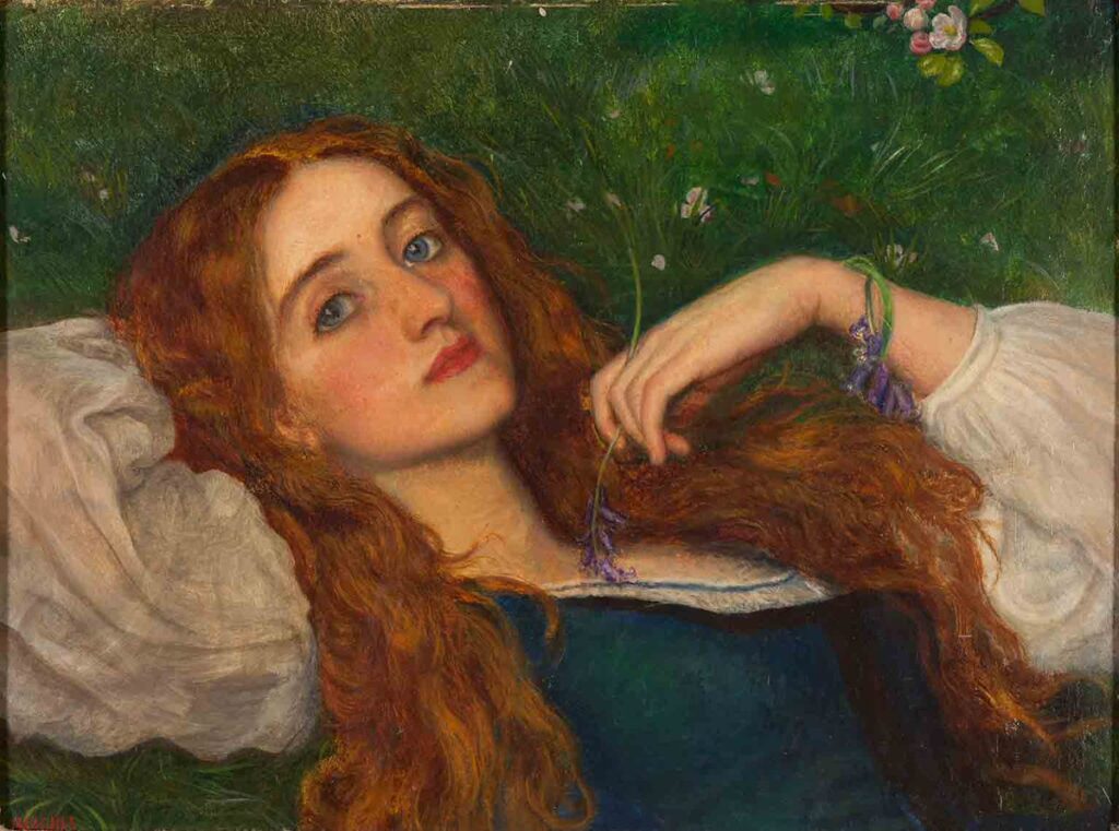 Arthur Hughes’un In the Grass (1865) tablosu, Pre-Raphaelite duyarlılığıyla doğa ve genç kadın figürünü bütünleştirir. Mor çiçekler, baharın canlılığıyla melankolik bir dinginliği yan yana getirir.
Kaynak: https://commons.wikimedia.org/wiki/File:Arthur_Hughes_-_In_the_Grass.jpg