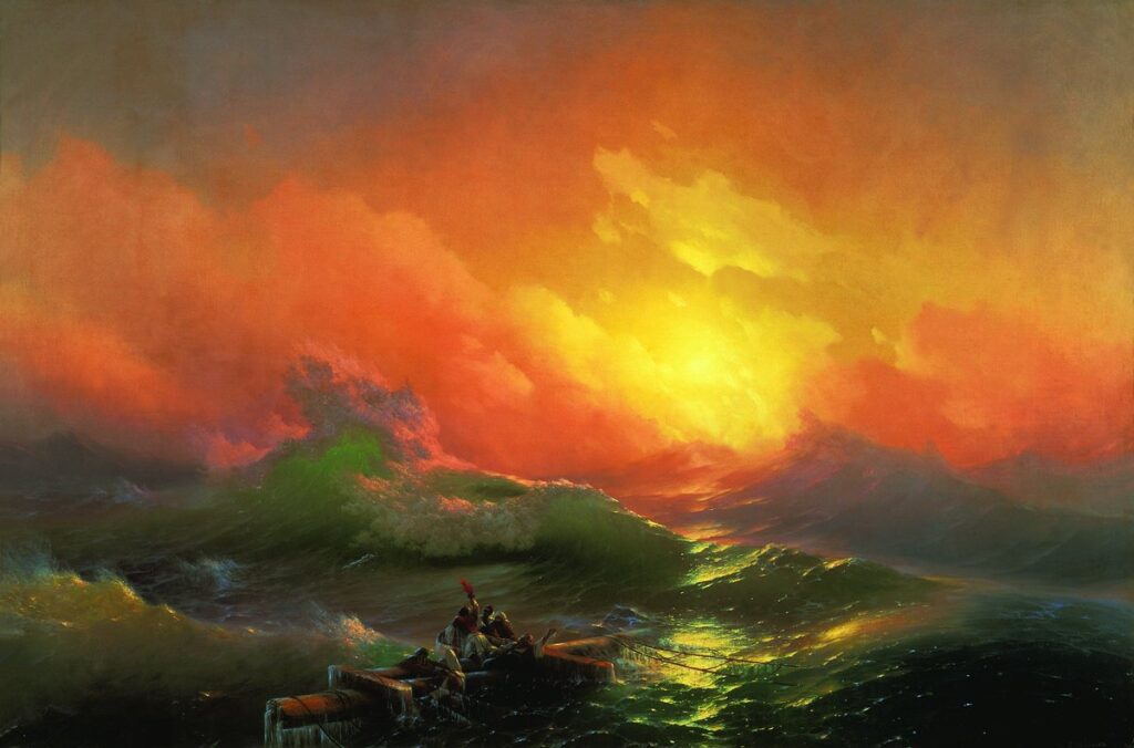 İvan Ayvazovski’nin Dokuzuncu Dalga adlı tablosu, fırtına sonrası hayatta kalanların dev dalgalarla mücadelesini ve sabah ışığında beliren umutla birleşen korkuyu işler. Işık ve su, sınanmanın resmidir.
Eser: The Ninth Wave Sanatçı: İvan Ayvazovski, 1850
Koleksiyon: Russian Museum, St. Petersburg
Kaynak: Wikipedia Lisans: Public Domain