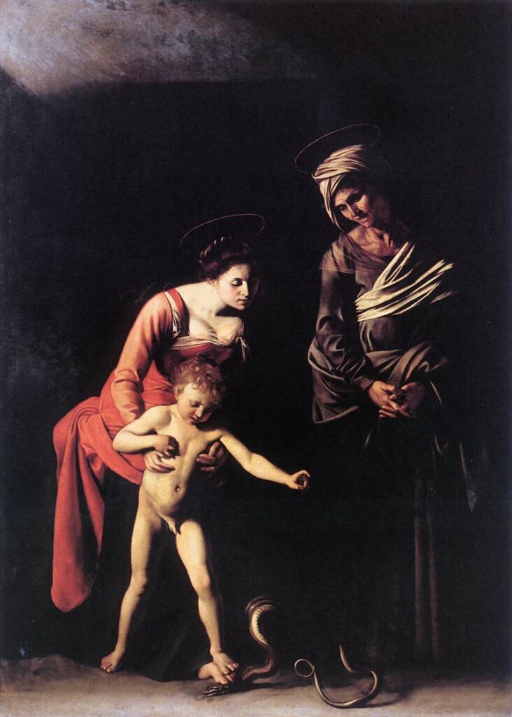 Caravaggio’nun Meryem ve Çocuk İsa ile Aziz Anna tablosu, dramatik ışığı ve sembolik anlatımıyla Barok sanatın en çarpıcı örneklerinden biridir.
Kaynak: https://commons.wikimedia.org/wiki/File:CaravaggioSerpent.jpg