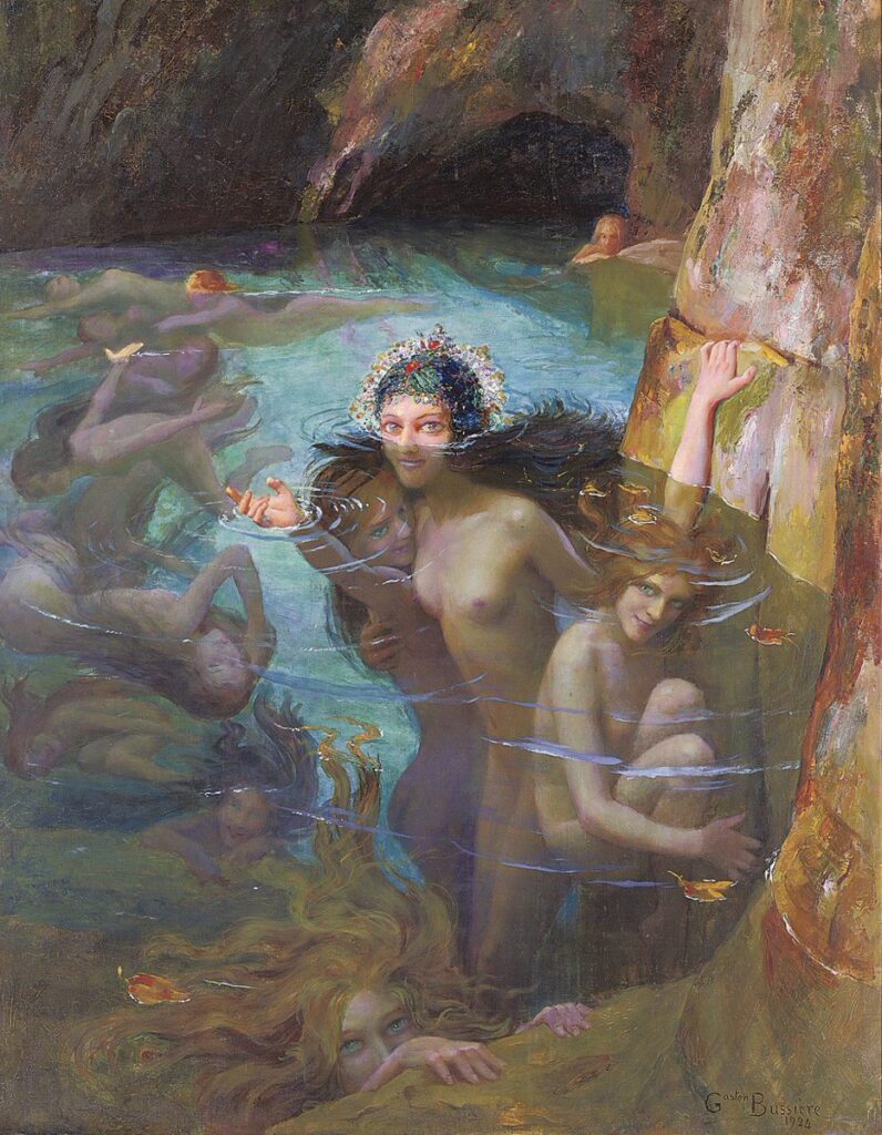 Eser Adı: Sea Nymphs at a Grotto Sanatçı: Gaston Bussière (1862–1928) Tarih: 1924 Teknik: Yağlıboya
Kaynak: Wikimedia Commons – File:Gaston Bussiere - Sea Nymphs at a Grotto, 1924.jpg
Yükleyen: Georges Jansoone Kamu Malı (Public Domain)
Gaston Bussière’in Mağaradaki Deniz Perileri adlı tablosu, doğanın gizli bir boşluğunda toplanmış nympheleri resmeder. Eser, Sembolizm’in mitolojik temsilleriyle bilinçdışına açılan kapı arasındaki estetik köprüyü kurar.