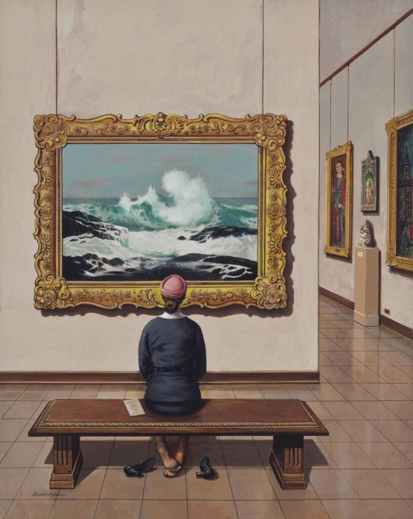 Stevan Dohanos’un Art Lover, Tired Museum Feet tablosu, müze ziyaretinin yoruculuğunu ve sanat karşısındaki bireysel deneyimi ironik bir dille işler. Kadının dalgaları izleyişi, sanatın günlük hayata kattığı şiirselliği yansıtır.
Kaynak: https://www.christies.com/lot/lot-stevan-dohanos-art-lover-5897131/