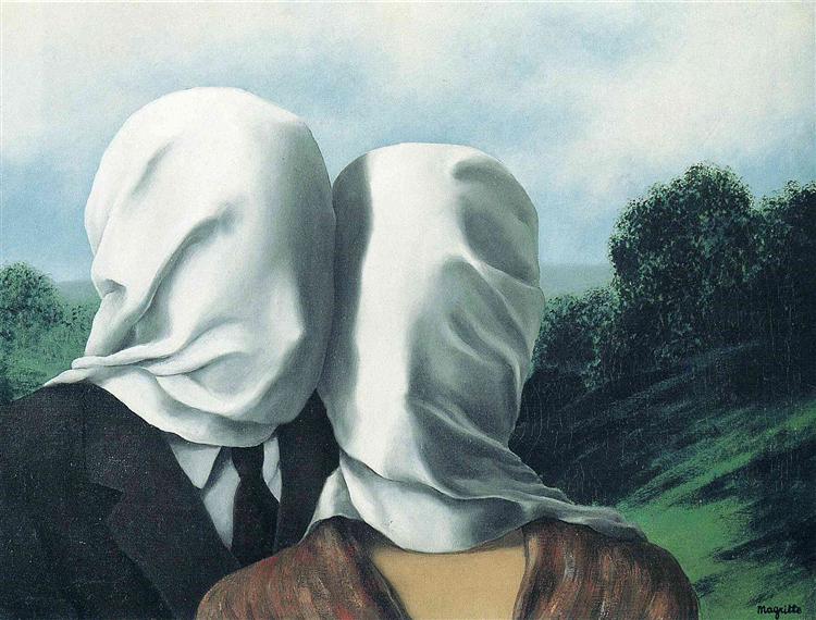 René Magritte'in bu sarsıcı tablosu, aşkın temsil edilemezliğini örtülü yüzlerde arar. Görme ve dokunma arzusu bir perdeyle durdurulur: arzu vardır ama temas imkansız
Kaynak: https://www.wikiart.org/en/rene-magritte/the-lovers-1928-1